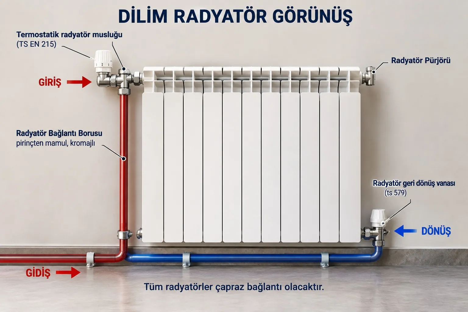 Dilim radyatör görünüş: termostatlı radyatör musluğu, pürjör, geri dönüş vanası, gidiş ve dönüş bağlantısı