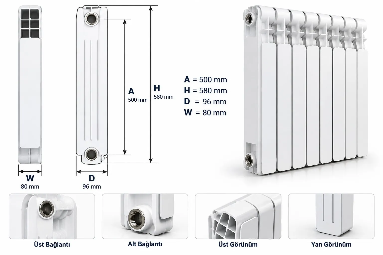 Dilim ölçüleri: A 500 mm, H 580 mm, D 96 mm, W 80 mm